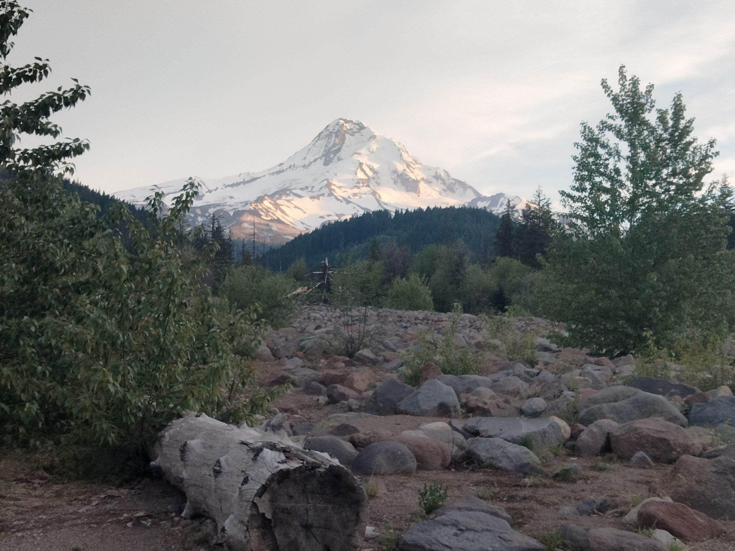 A snow-covered Mt. Hood sits in the background against a cloudy sky. The foreground is rocky with trees framing either side of the image. 